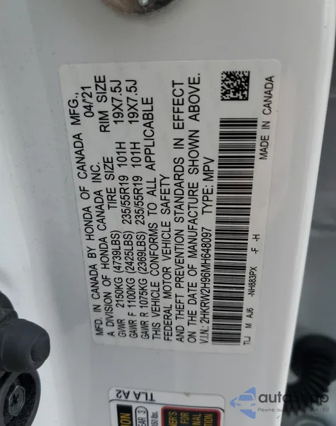 2021 Honda Cr-V Touring from USA, damaged, VIN 2HKRW2H96MH648097